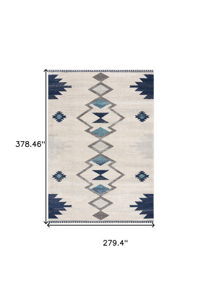 9' X 13' Navy and Ivory Tribal Pattern Area Rug - 279.4" (H) x 378.46" (W) x 1.02" (D)