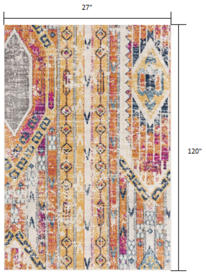 10' Runner Gold and Ivory Southwestern Runner Rug - 30.0" (L) x 144.0" (W) x 0.43" (H)