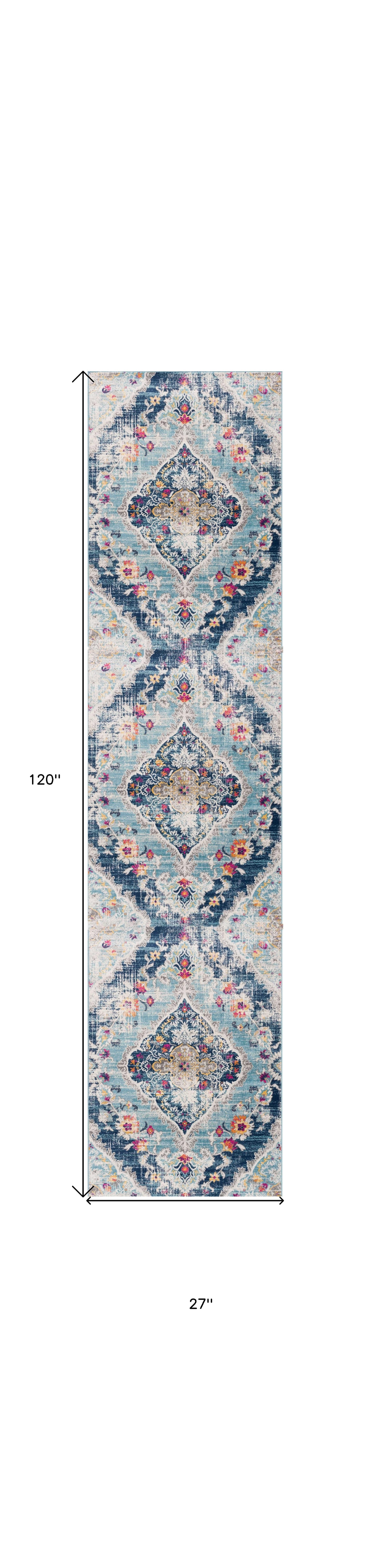 10' Runner Blue and Ivory Medallion Runner Rug - 30.0" (L) x 144.0" (W) x 0.43" (H)