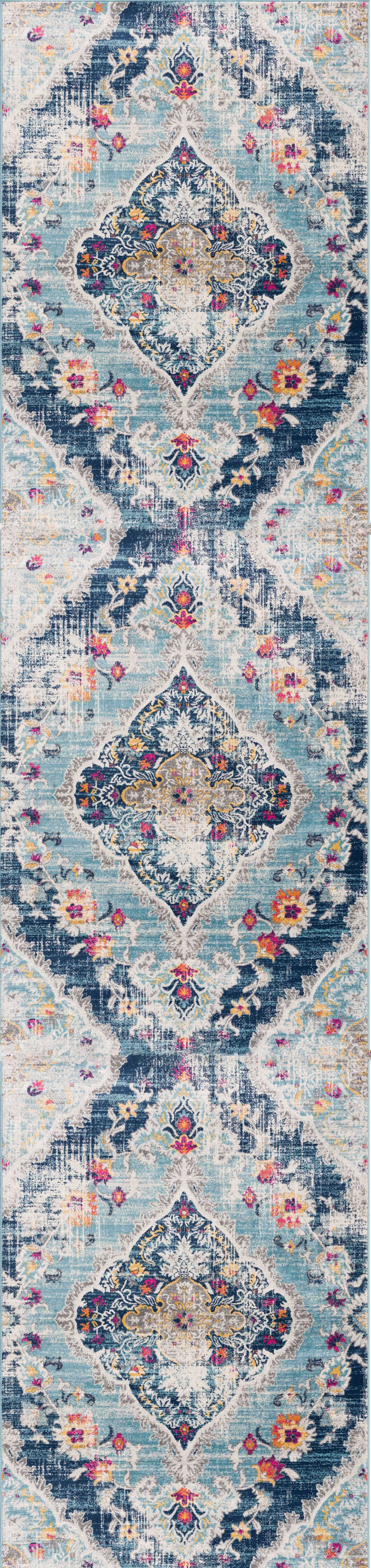 10' Runner Blue and Ivory Medallion Runner Rug - 30.0" (L) x 144.0" (W) x 0.43" (H)