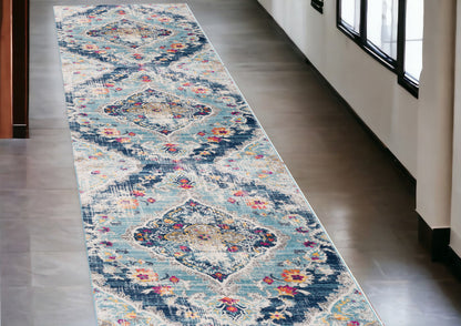 10' Runner Blue and Ivory Medallion Runner Rug - 30.0" (L) x 144.0" (W) x 0.43" (H)