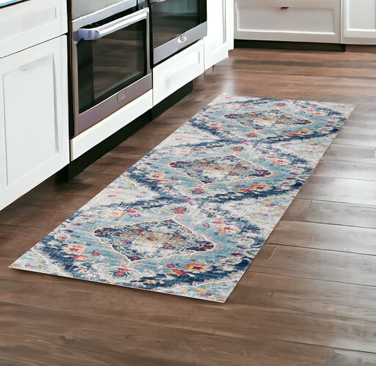 8' Runner Blue and Ivory Medallion Runner Rug - 27.0" (H) x 96.0" (W) x 0.4" (D)