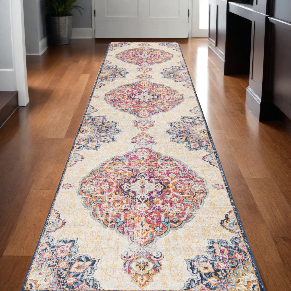 10' Runner Blue and Beige Medallion Runner Rug - 30.0" (L) x 144.0" (W) x 0.43" (H)