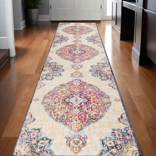 10' Runner Blue and Beige Medallion Runner Rug - 30.0" (L) x 144.0" (W) x 0.43" (H)