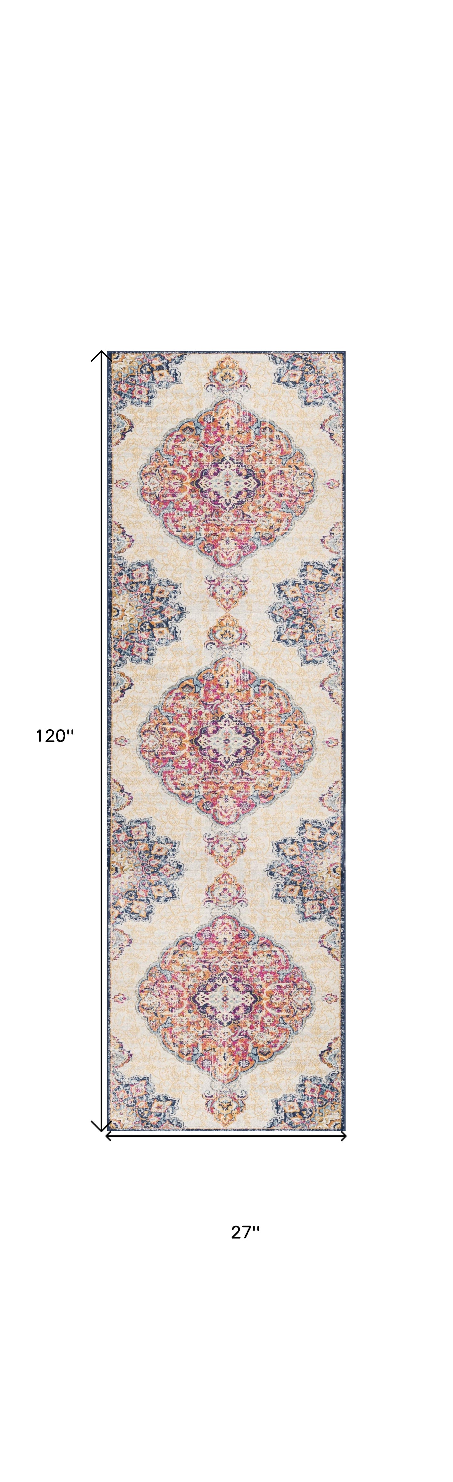 10' Runner Blue and Beige Medallion Runner Rug - 30.0" (L) x 144.0" (W) x 0.43" (H)