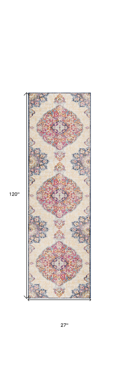 10' Runner Blue and Beige Medallion Runner Rug - 30.0" (L) x 144.0" (W) x 0.43" (H)