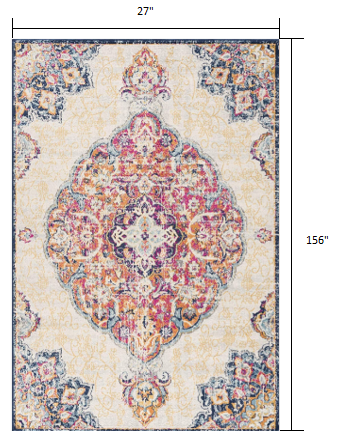 13' Runner Blue and Beige Medallion Runner Rug - 32.0" (L) x 240.0" (W) x 0.6" (H)