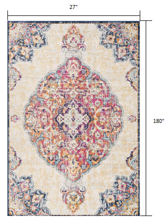 15' Runner Blue and Beige Medallion Runner Rug - 39.0" (L) x 59.0" (W) x 0.5" (H)