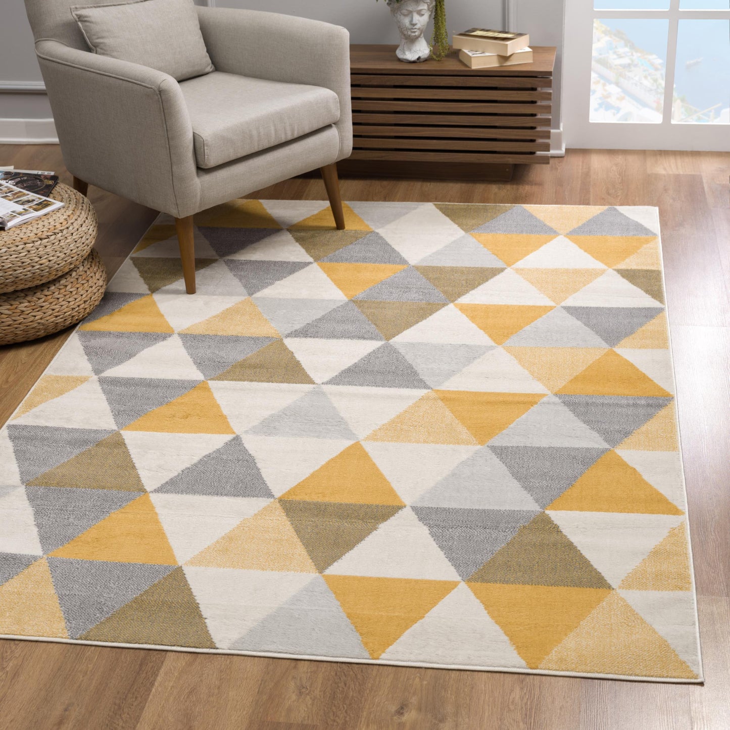 10' Yellow Geometric Dhurrie Runner Rug