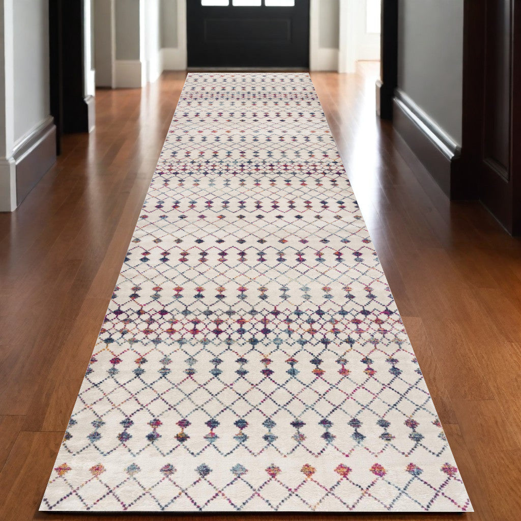 10' Cream Ikat Area Rug - 26.0" (L) x 120.0" (W) x 1.0" (H)