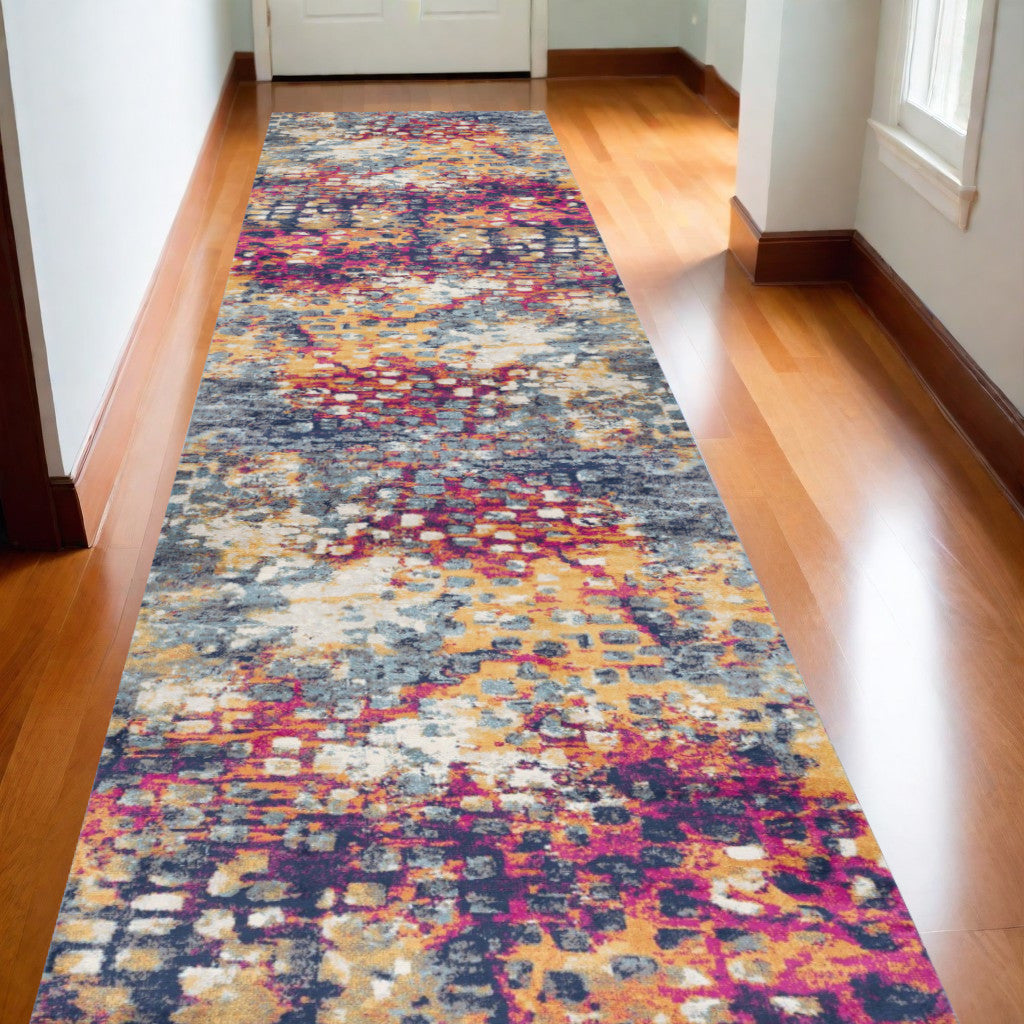 13' Runner Blue and Gold Abstract Runner Rug - 27.0" (L) x 240.0" (W) x 0.6" (H)