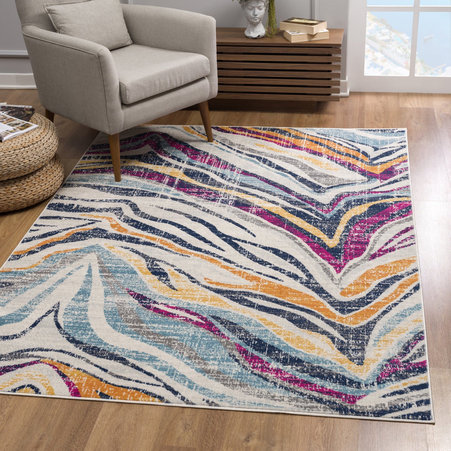 5' X 7' Blue and Gold Abstract Area Rug