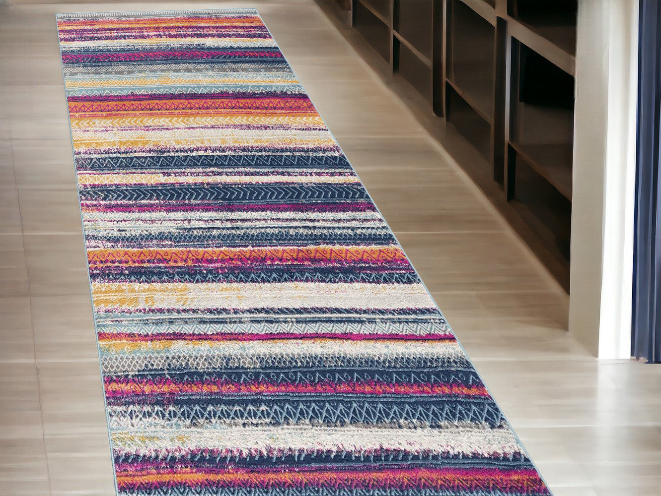 2' X 10' Multicolor Irregular Stripe Boho Runner Rug - 39.0" (L) x 59.0" (W) x 0.5" (H)