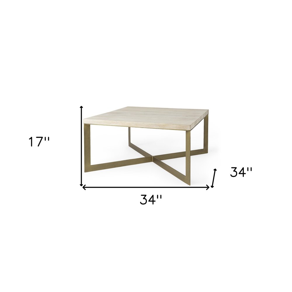34" Beige Wood and Metal Square Coffee Table HomeRoots