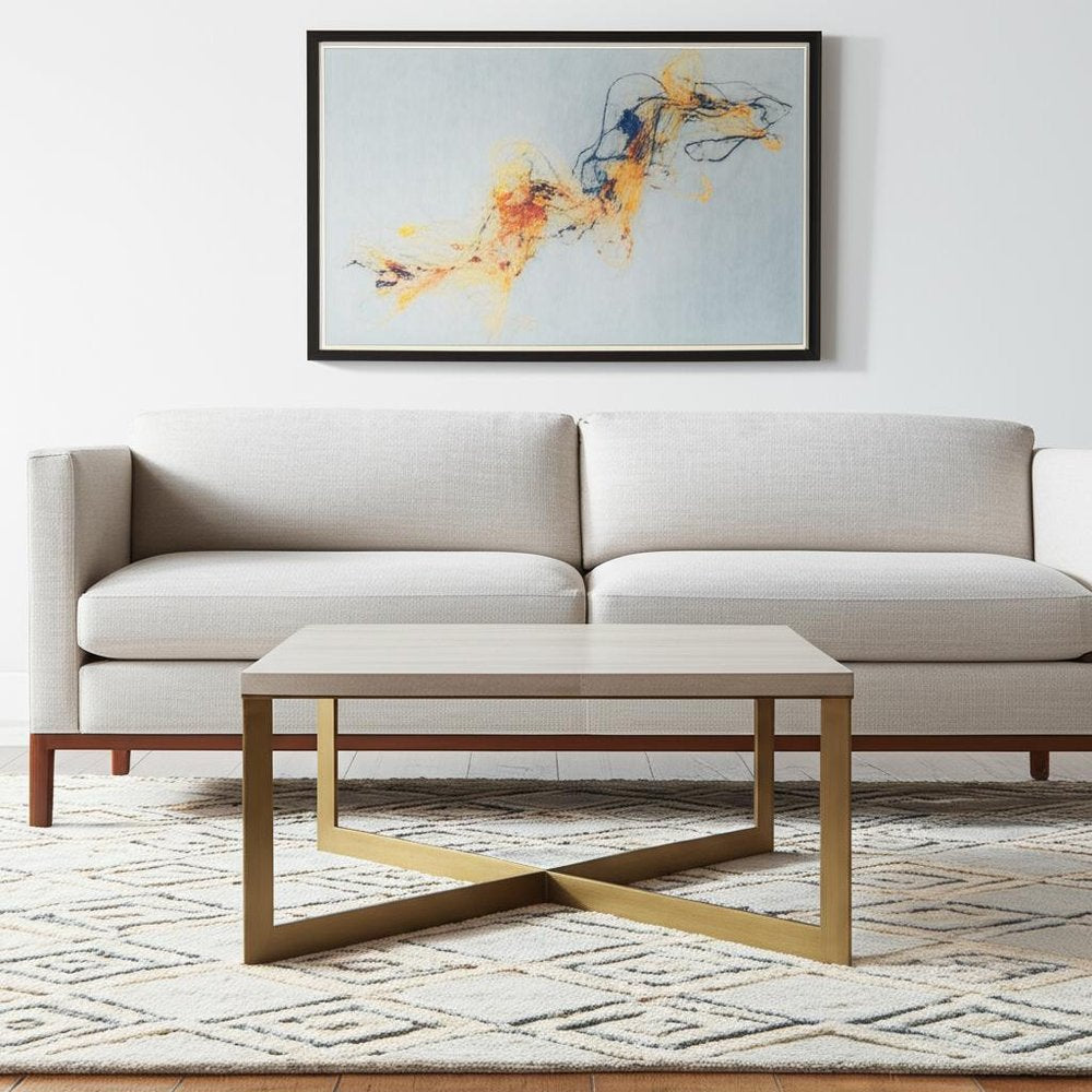 34" Beige Wood and Metal Square Coffee Table HomeRoots