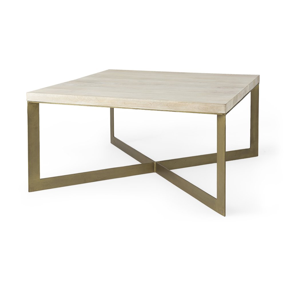 34" Beige Wood and Metal Square Coffee Table HomeRoots