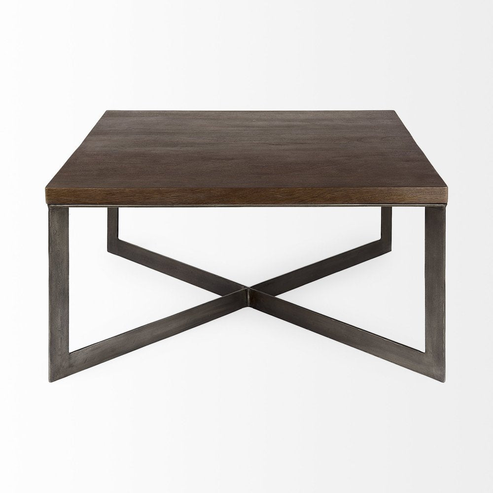34" Brown Solid Wood And Iron Square Coffee Table — view 2