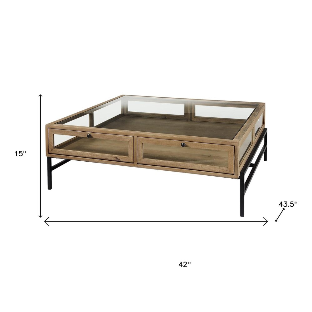 42" Clear and Black Glass and Metal Square Coffee Table With Two Drawers And Shelf HomeRoots