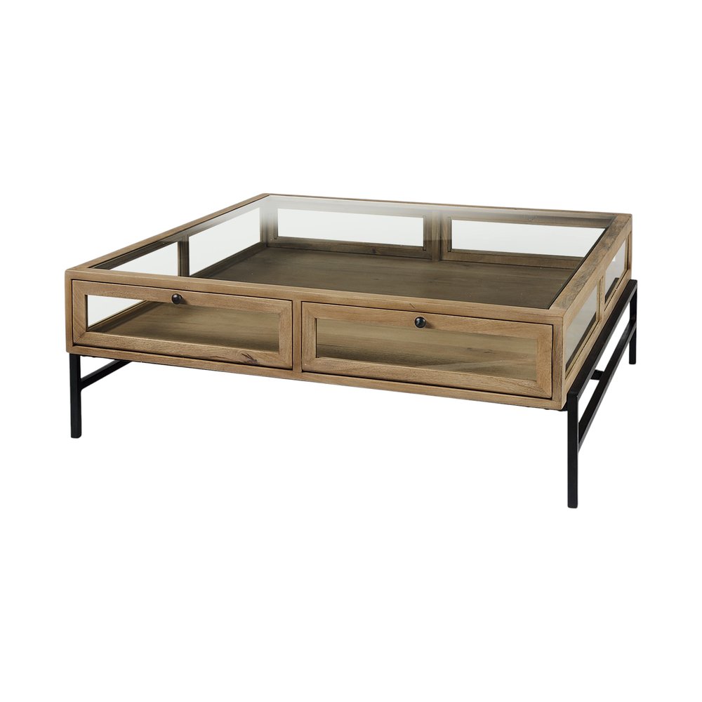 42" Clear and Black Glass and Metal Square Coffee Table With Two Drawers And Shelf HomeRoots
