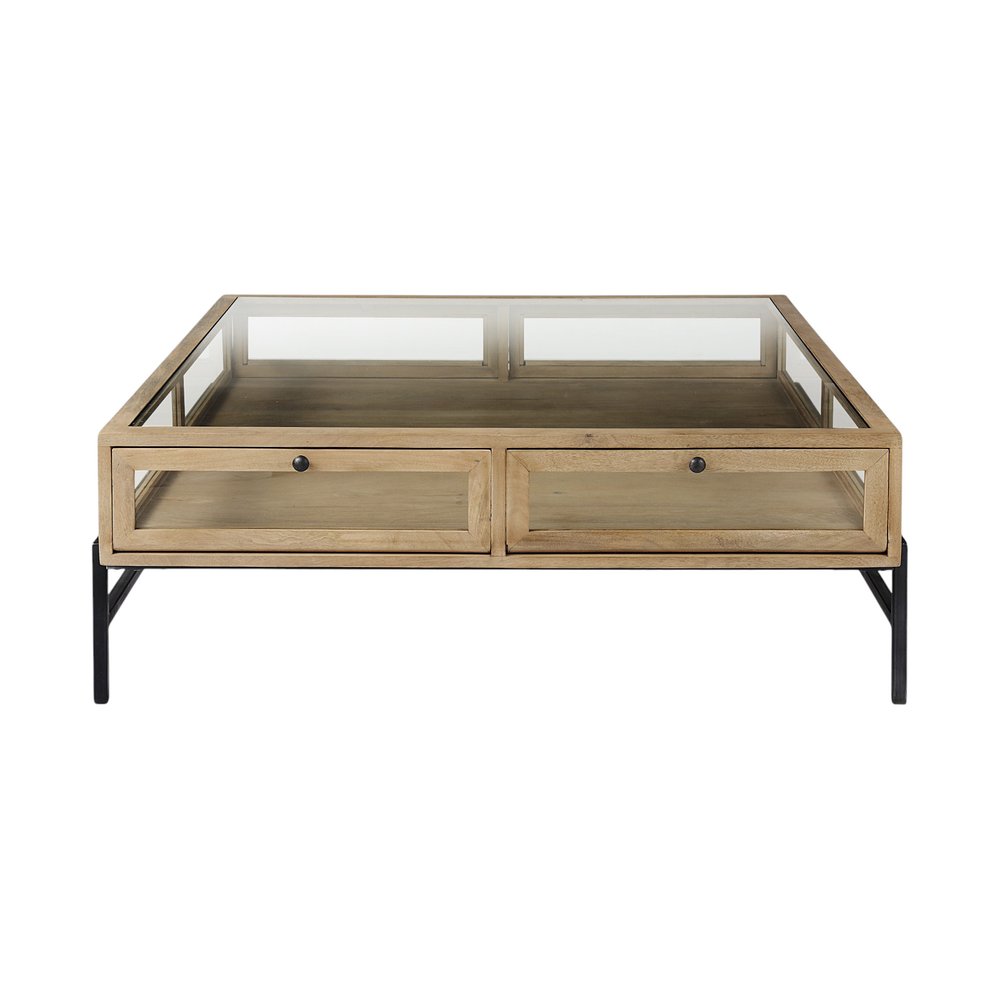 42" Clear and Black Glass and Metal Square Coffee Table With Two Drawers And Shelf HomeRoots