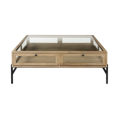 42" Clear and Black Glass and Metal Square Coffee Table With Two Drawers And Shelf HomeRoots