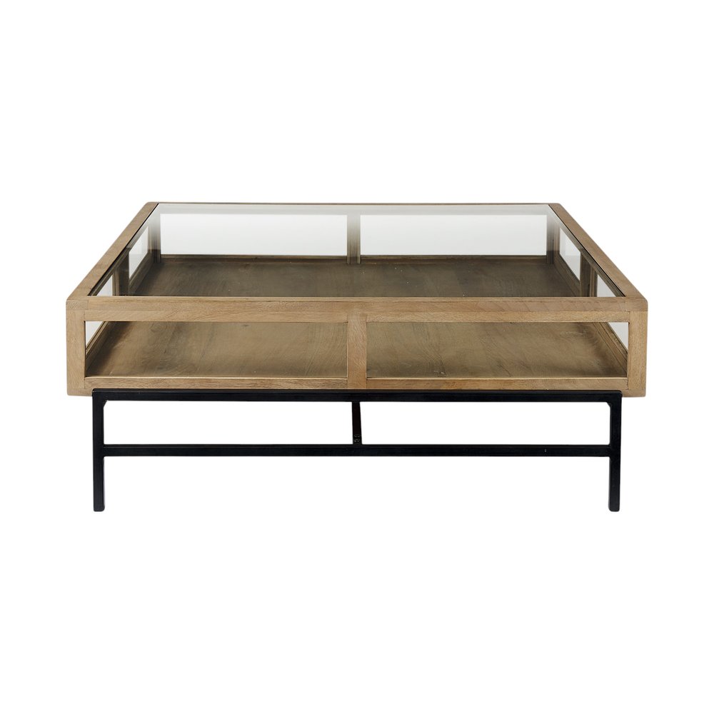 42" Clear and Black Glass and Metal Square Coffee Table With Two Drawers And Shelf HomeRoots