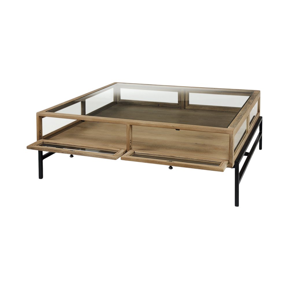 42" Clear and Black Glass and Metal Square Coffee Table With Two Drawers And Shelf HomeRoots