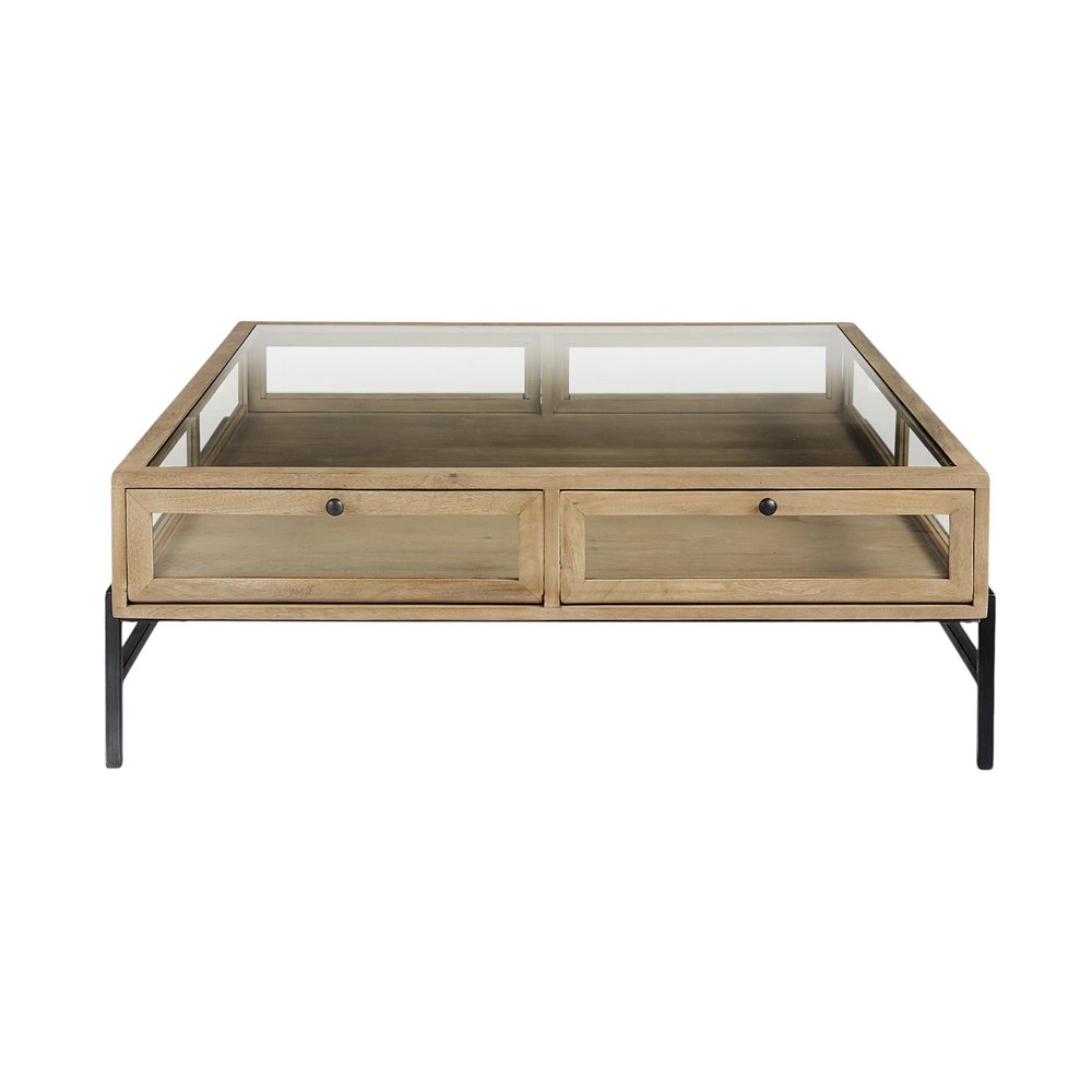 42" Clear and Black Glass and Metal Square Coffee Table With Two Drawers And Shelf HomeRoots