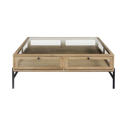 42" Clear and Black Glass and Metal Square Coffee Table With Two Drawers And Shelf HomeRoots
