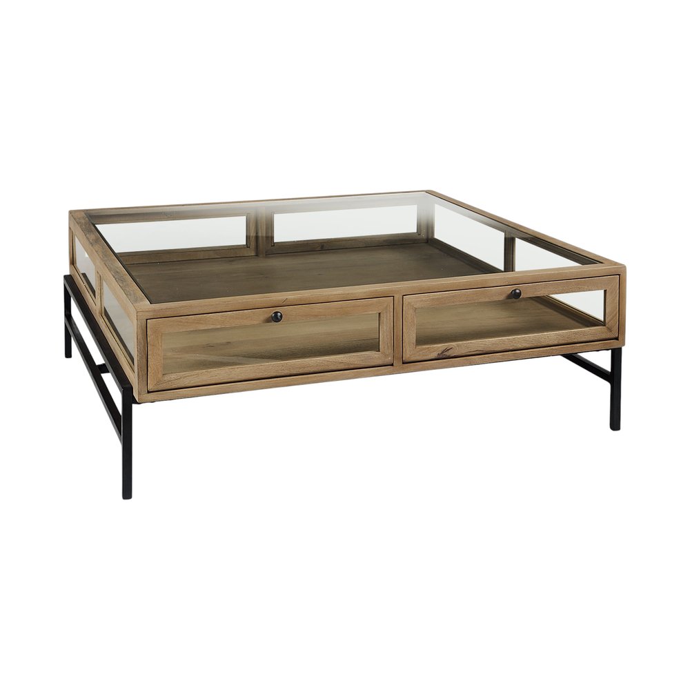42" Clear and Black Glass and Metal Square Coffee Table With Two Drawers And Shelf HomeRoots
