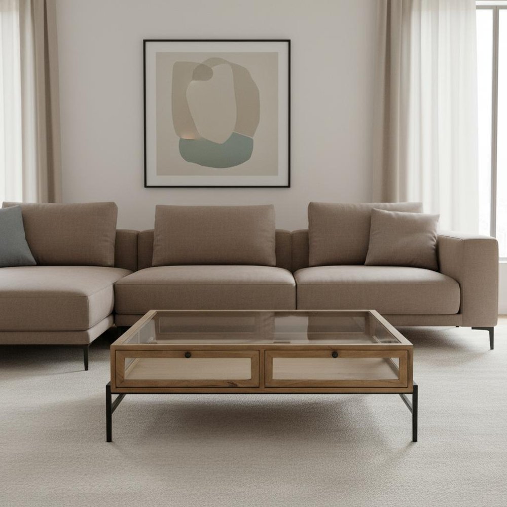 42" Clear and Black Glass and Metal Square Coffee Table With Two Drawers And Shelf HomeRoots