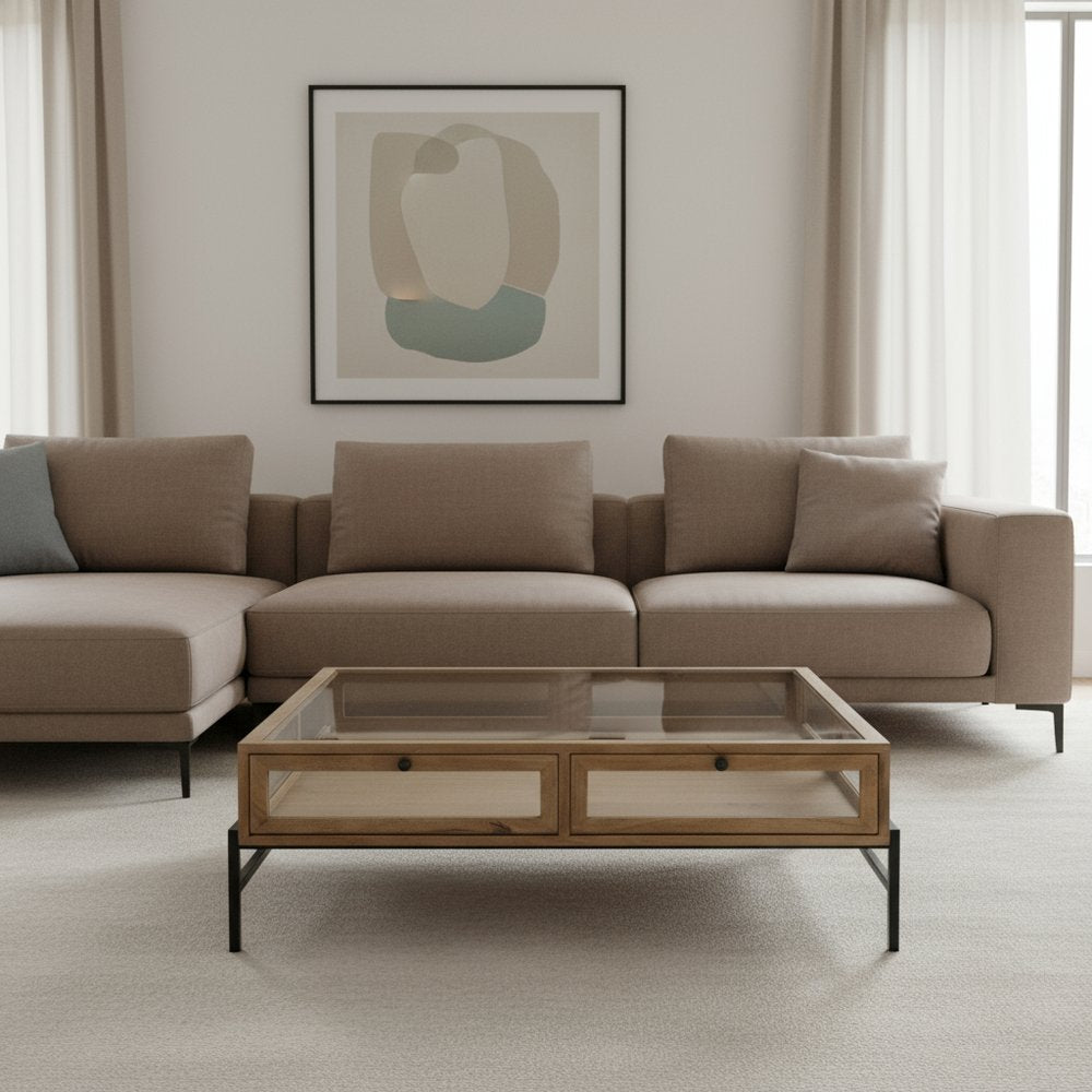 42" Clear and Black Glass and Metal Square Coffee Table With Two Drawers And Shelf HomeRoots