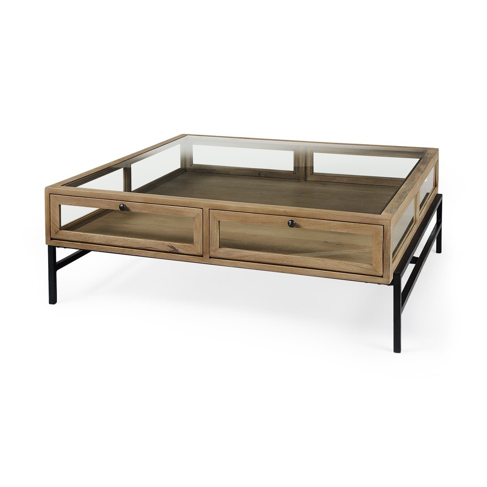 42" Clear and Black Glass and Metal Square Coffee Table With Two Drawers And Shelf HomeRoots