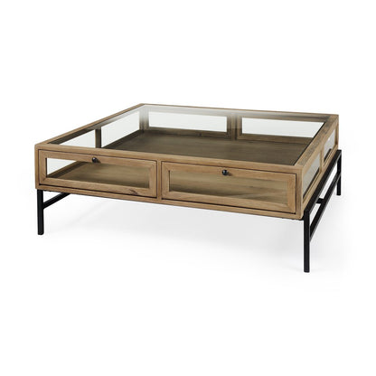 42" Clear and Black Glass and Metal Square Coffee Table With Two Drawers And Shelf HomeRoots