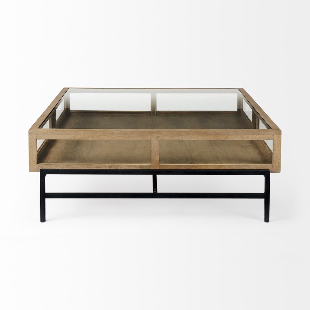 42" Clear and Black Glass and Metal Square Coffee Table With Two Drawers And Shelf HomeRoots