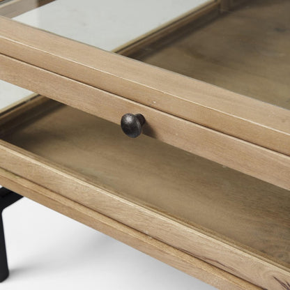 42" Clear and Black Glass and Metal Square Coffee Table With Two Drawers And Shelf HomeRoots