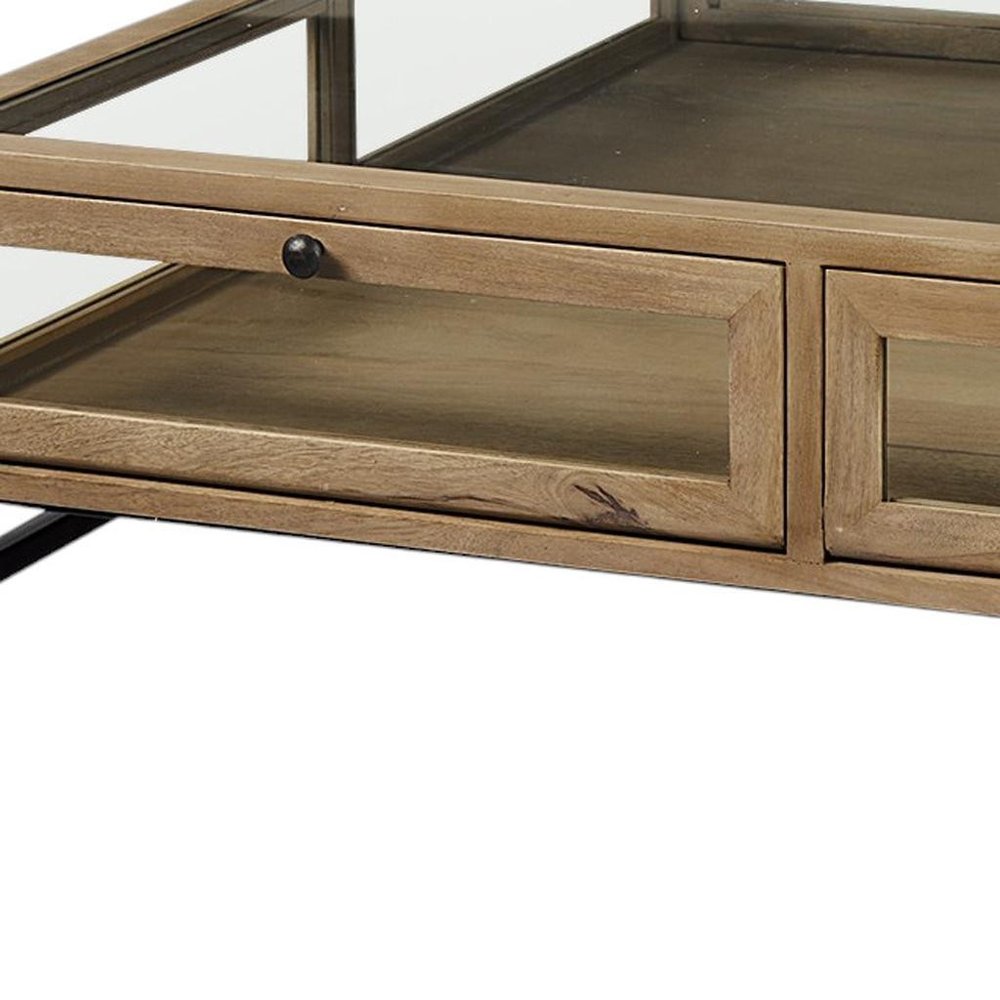 42" Clear and Black Glass and Metal Square Coffee Table With Two Drawers And Shelf HomeRoots
