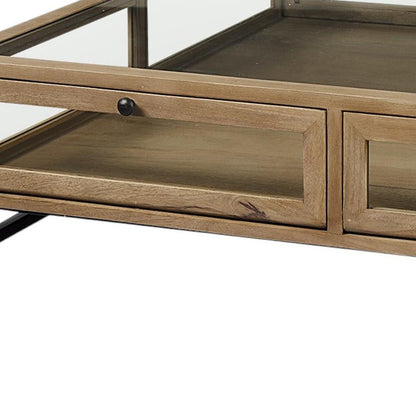42" Clear and Black Glass and Metal Square Coffee Table With Two Drawers And Shelf HomeRoots