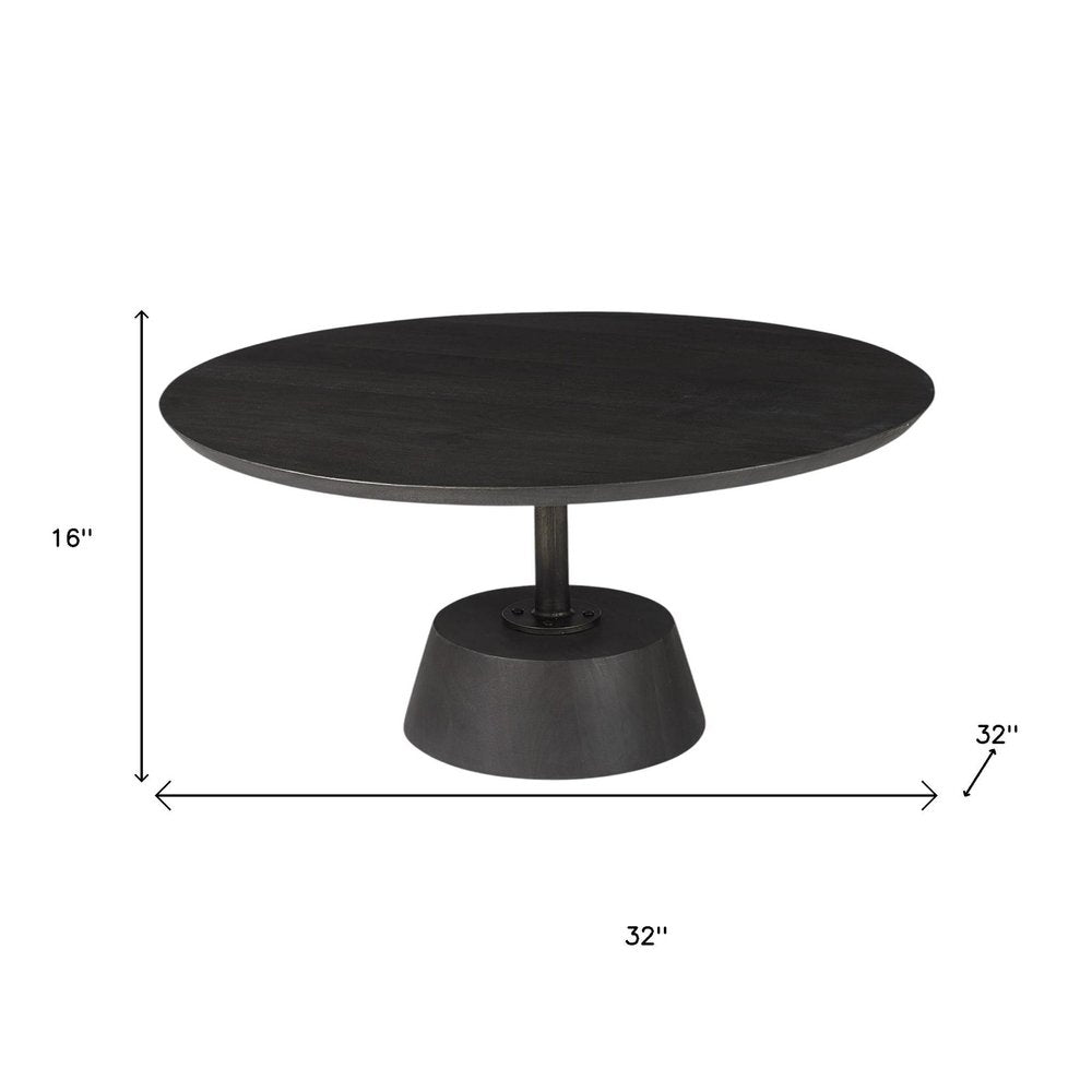 32" Dark Brown and Black Solid Wood and Iron Round Pedestal Coffee Table HomeRoots