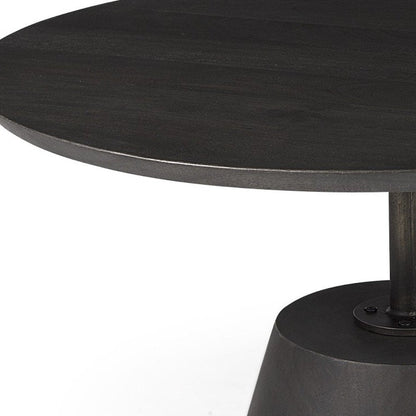 32" Dark Brown and Black Solid Wood and Iron Round Pedestal Coffee Table HomeRoots