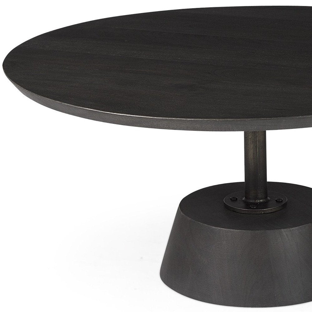 32" Dark Brown and Black Solid Wood and Iron Round Pedestal Coffee Table HomeRoots