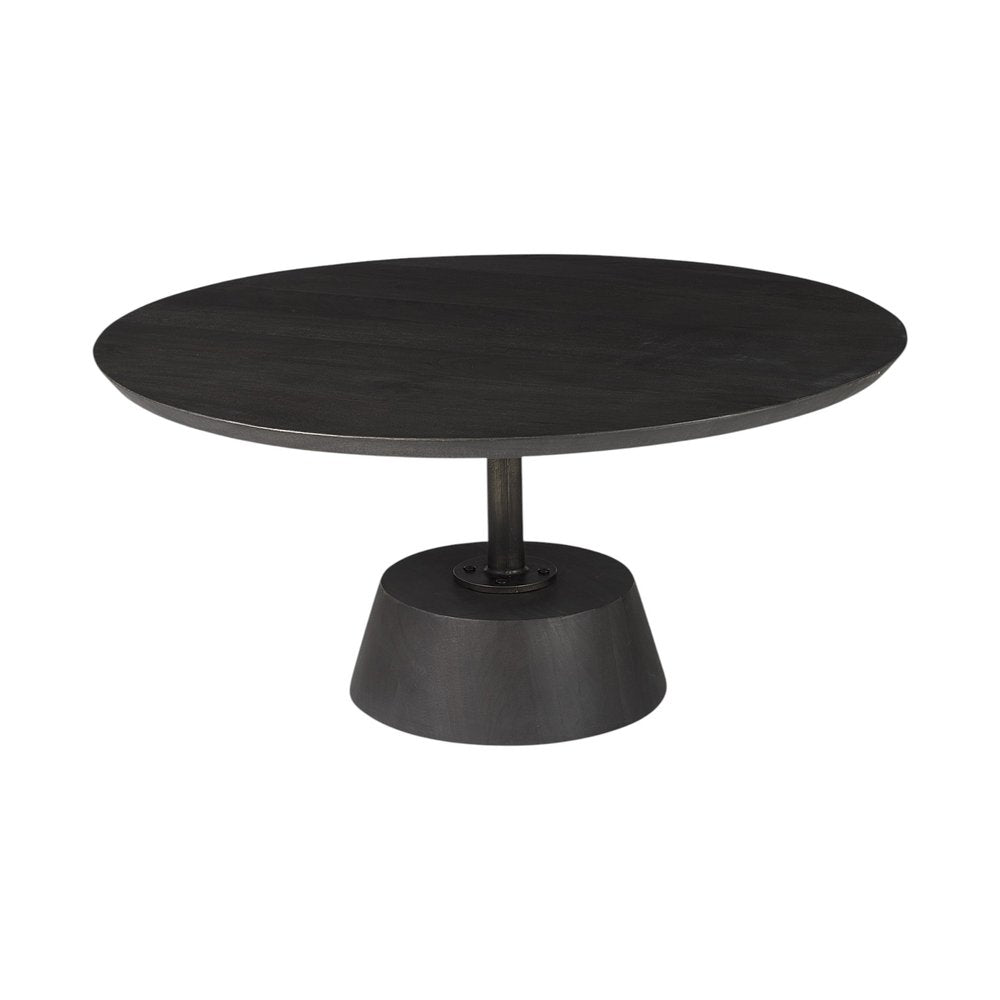 32" Dark Brown and Black Solid Wood and Iron Round Pedestal Coffee Table HomeRoots