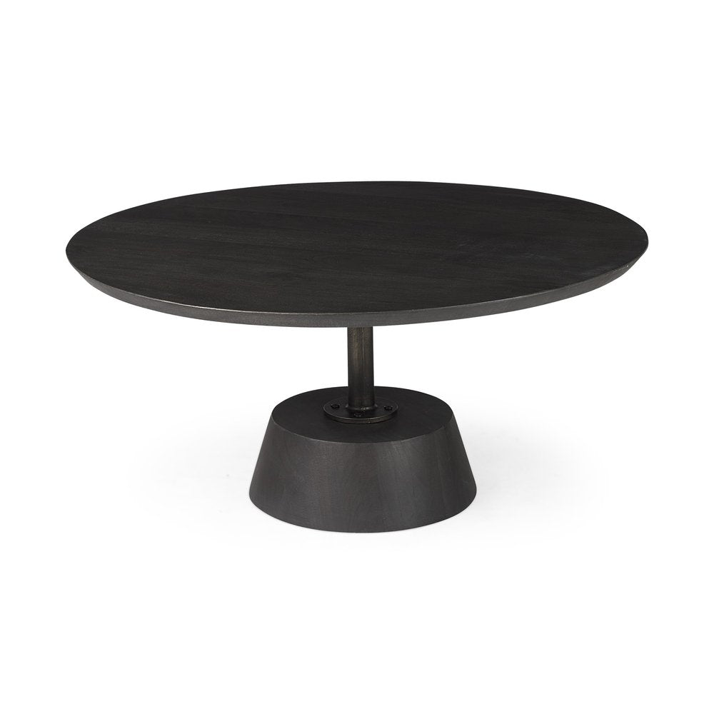 32" Dark Brown and Black Solid Wood and Iron Round Pedestal Coffee Table HomeRoots
