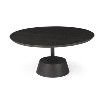 32" Dark Brown and Black Solid Wood and Iron Round Pedestal Coffee Table HomeRoots