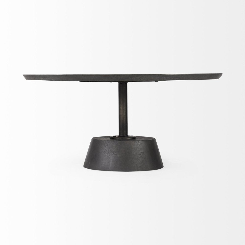 32" Dark Brown and Black Solid Wood and Iron Round Pedestal Coffee Table HomeRoots