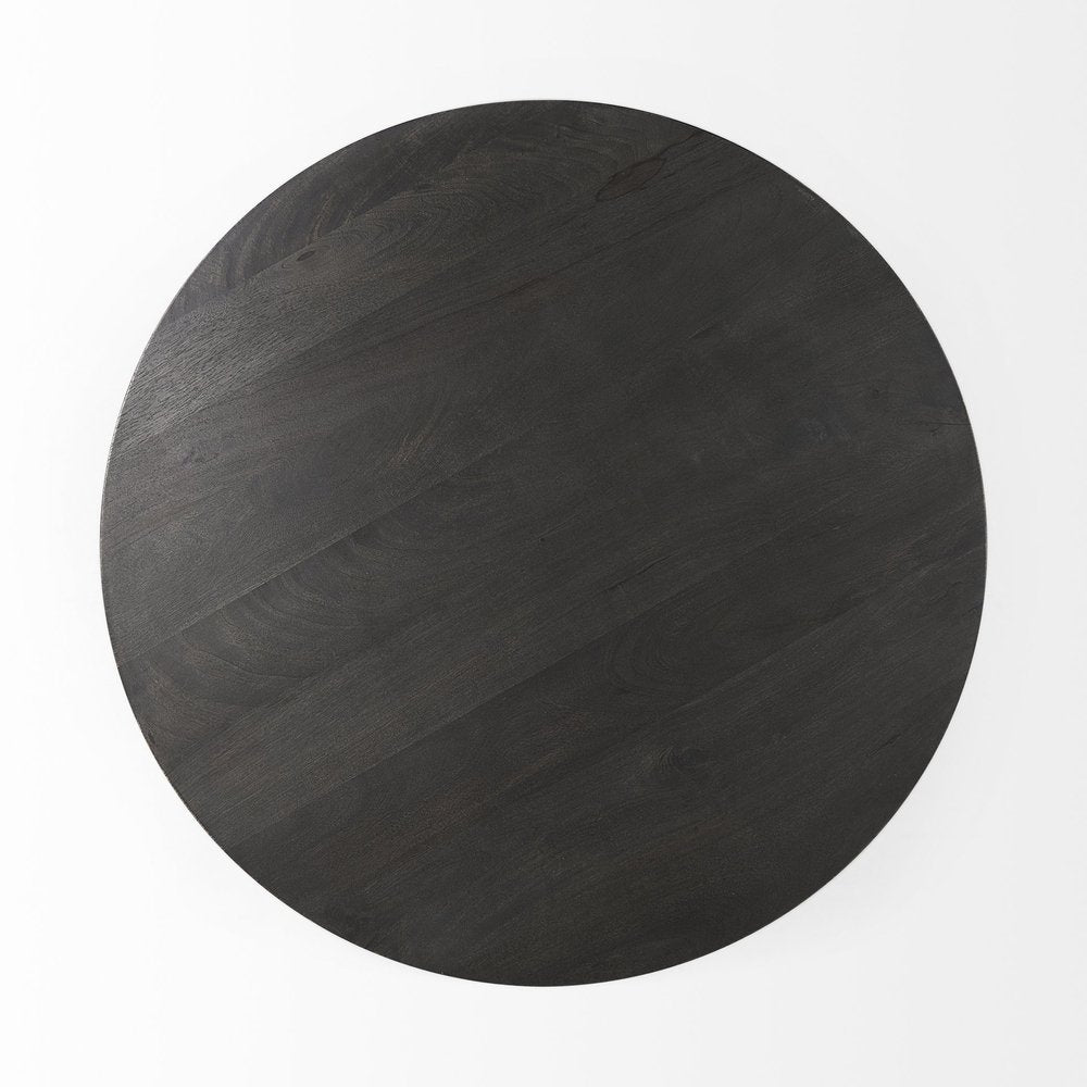 32" Dark Brown and Black Solid Wood and Iron Round Pedestal Coffee Table HomeRoots