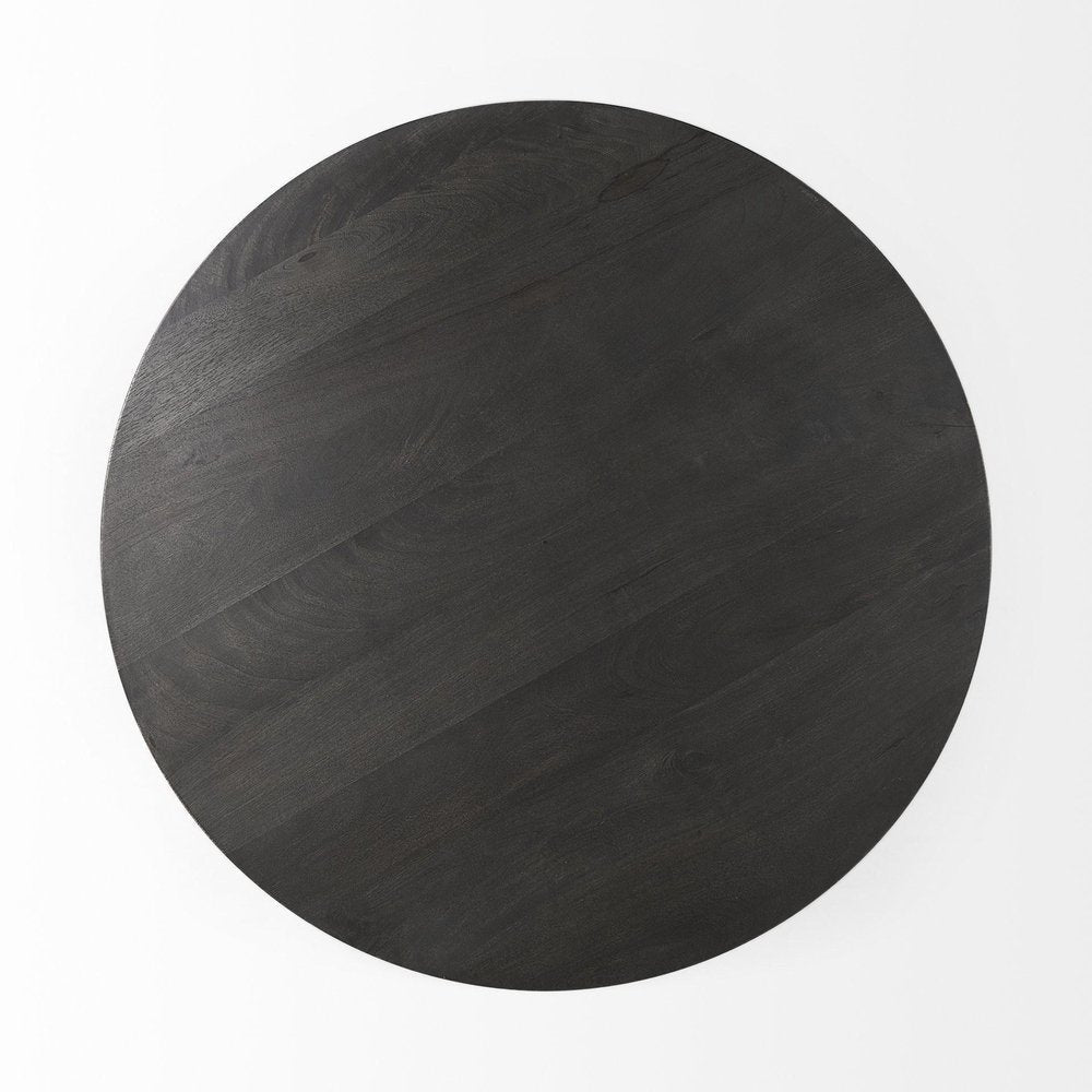 32" Dark Brown and Black Solid Wood and Iron Round Pedestal Coffee Table HomeRoots