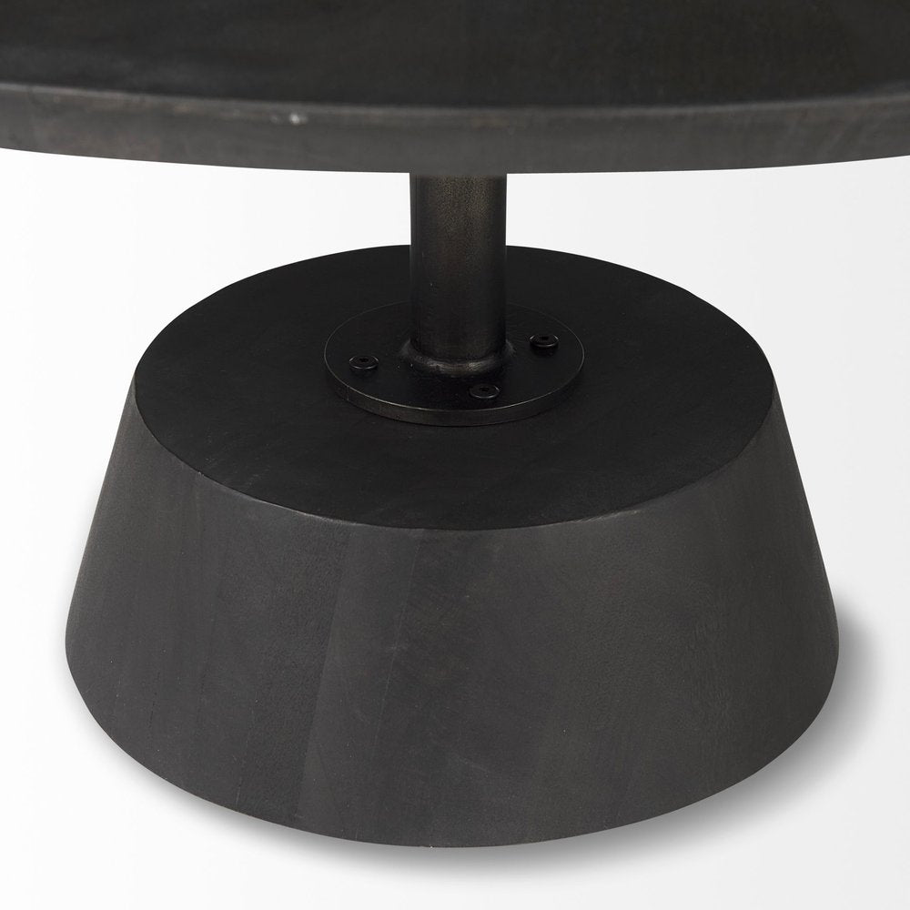 32" Dark Brown and Black Solid Wood and Iron Round Pedestal Coffee Table HomeRoots