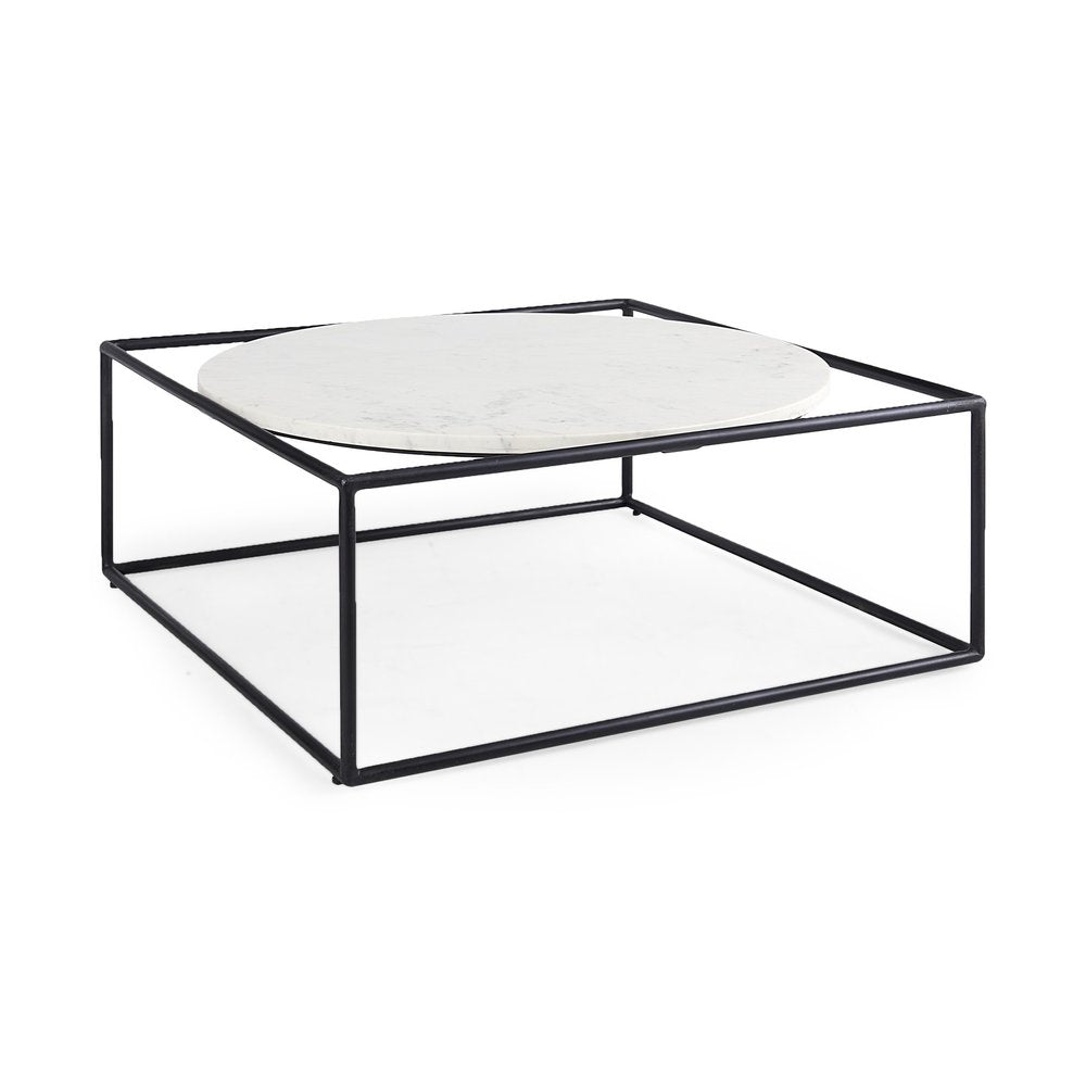 36" White and Black Genuine Marble and Metal Square Frame Coffee Table HomeRoots