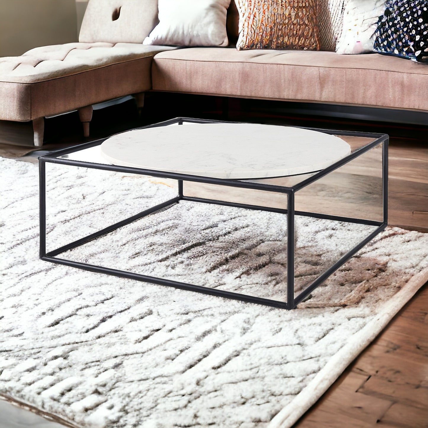 36" White And Black Marble And Metal Square Frame Coffee Table